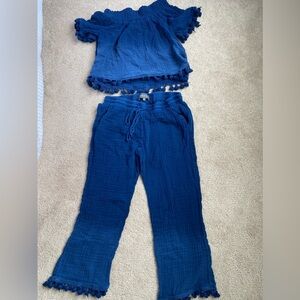 Michael Stars Tassel Off- Shoulder Top and Pants Set 100% Cotton